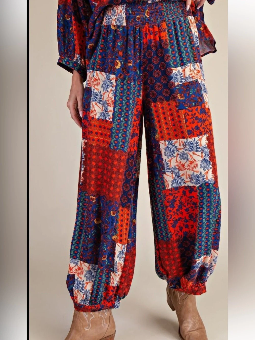 461 PATCHWORK PRINTED RAYON GAUZE PANTS TOP MATCHING SET